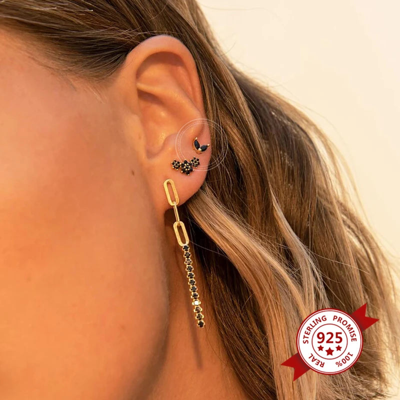 925 Sterling Silver Ear Needle Black Zircon Butterfly/Water Drop Hoop Earrings Drop Earrings For Women Fashion Wedding Jewelry