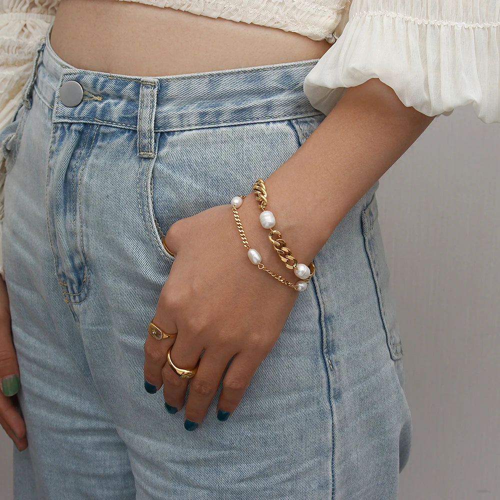 Women's Bracelet Stainless Steel Cuban Link Chains Bracelets with three pearl For Women Chain On Hand Accessories 3/6MM Jewelry