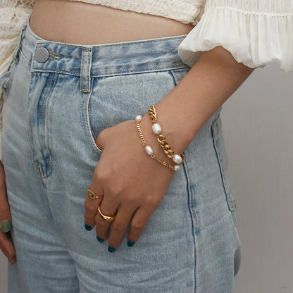 Women's Bracelet Stainless Steel Cuban Link Chains Bracelets with three pearl For Women Chain On Hand Accessories 3/6MM Jewelry