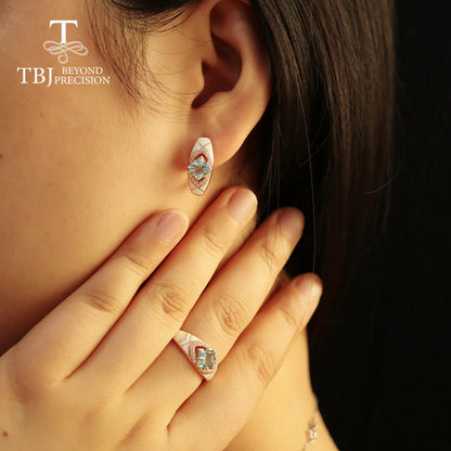 Natural sky blue topaz gemstone simple rings and earrings rose gold 925 sterling sliver set jewelry for girls engagement gift