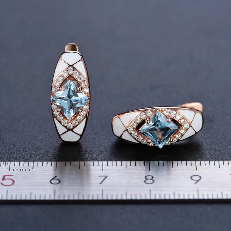 Natural sky blue topaz gemstone simple rings and earrings rose gold 925 sterling sliver set jewelry for girls engagement gift