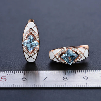 Natural sky blue topaz gemstone simple rings and earrings rose gold 925 sterling sliver set jewelry for girls engagement gift