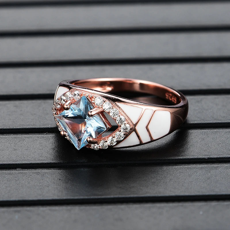 Natural sky blue topaz gemstone simple rings and earrings rose gold 925 sterling sliver set jewelry for girls engagement gift