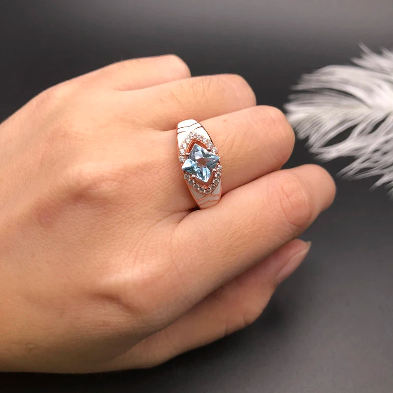 Natural sky blue topaz gemstone simple rings and earrings rose gold 925 sterling sliver set jewelry for girls engagement gift