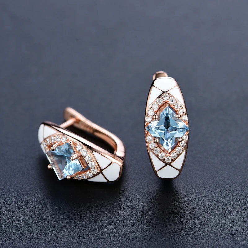 Natural sky blue topaz gemstone simple rings and earrings rose gold 925 sterling sliver set jewelry for girls engagement gift