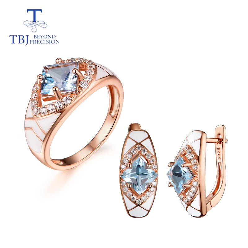 Natural sky blue topaz gemstone simple rings and earrings rose gold 925 sterling sliver set jewelry for girls engagement gift