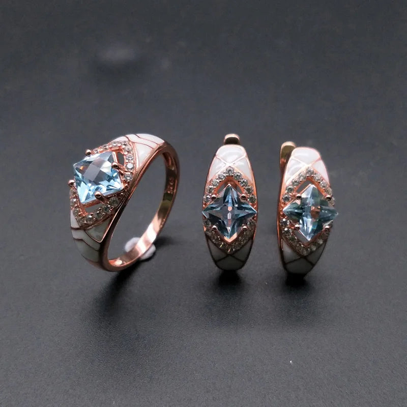 Natural sky blue topaz gemstone simple rings and earrings rose gold 925 sterling sliver set jewelry for girls engagement gift