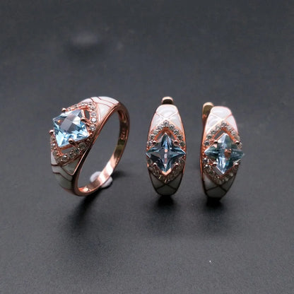 Natural sky blue topaz gemstone simple rings and earrings rose gold 925 sterling sliver set jewelry for girls engagement gift