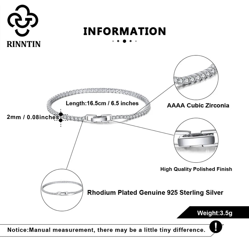Rinntin 925 Sterling Silver Tennis Bracelets For Women Luxury 2mm 3mm 4mm Cubic Zirconia Shiny Tennis Bracelets Jewelry SB91