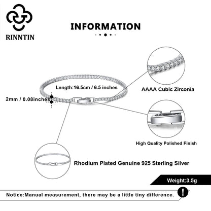 Rinntin 925 Sterling Silver Tennis Bracelets For Women Luxury 2mm 3mm 4mm Cubic Zirconia Shiny Tennis Bracelets Jewelry SB91