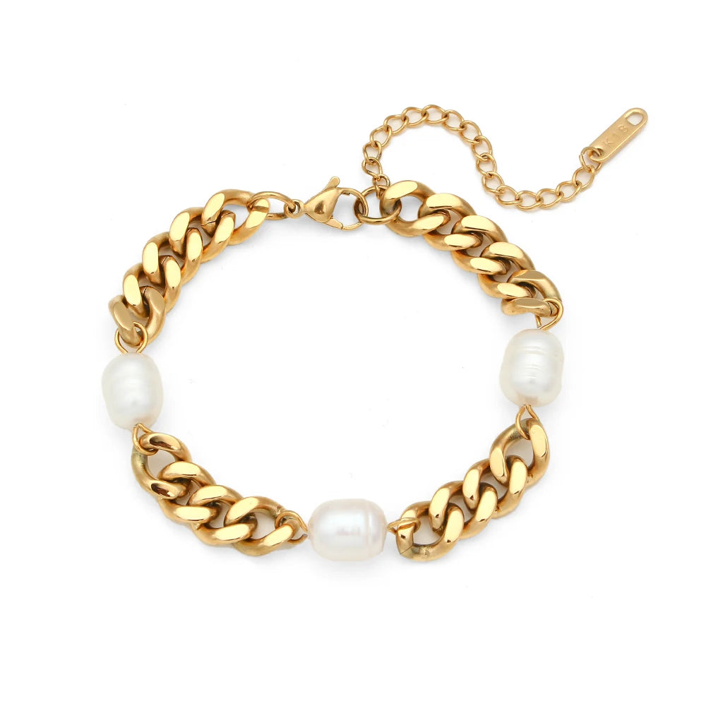 Women's Bracelet Stainless Steel Cuban Link Chains Bracelets with three pearl For Women Chain On Hand Accessories 3/6MM Jewelry