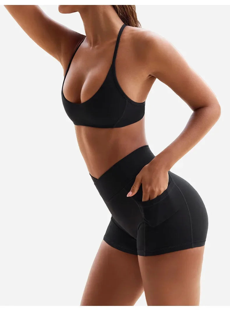 High Elasticity Cross Back Sports Bra Fitness Yoga Shorts Set Beautiful Back Design Neck Hanging Sports Underwear