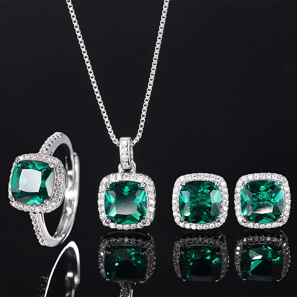Luxury Square 8*8mm Emerald Gemstone Necklace Pendant Ring Earrings Party Fine Jewelry Set for Women Accessories Birtyday Gift