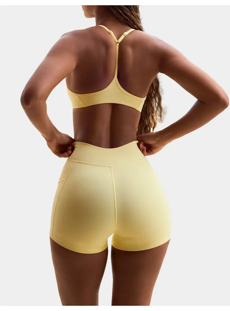 High Elasticity Cross Back Sports Bra Fitness Yoga Shorts Set Beautiful Back Design Neck Hanging Sports Underwear