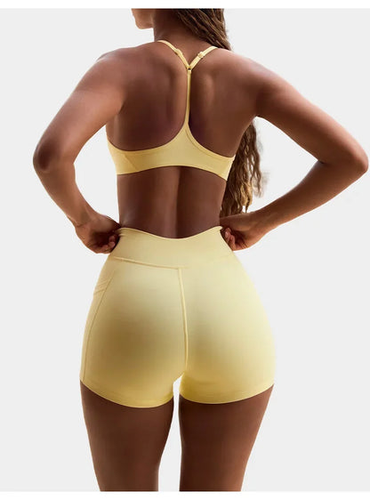 High Elasticity Cross Back Sports Bra Fitness Yoga Shorts Set Beautiful Back Design Neck Hanging Sports Underwear