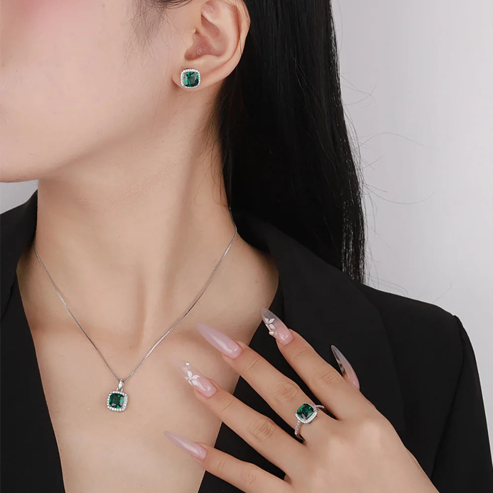 Luxury Square 8*8mm Emerald Gemstone Necklace Pendant Ring Earrings Party Fine Jewelry Set for Women Accessories Birtyday Gift