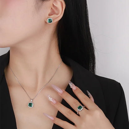 Luxury Square 8*8mm Emerald Gemstone Necklace Pendant Ring Earrings Party Fine Jewelry Set for Women Accessories Birtyday Gift