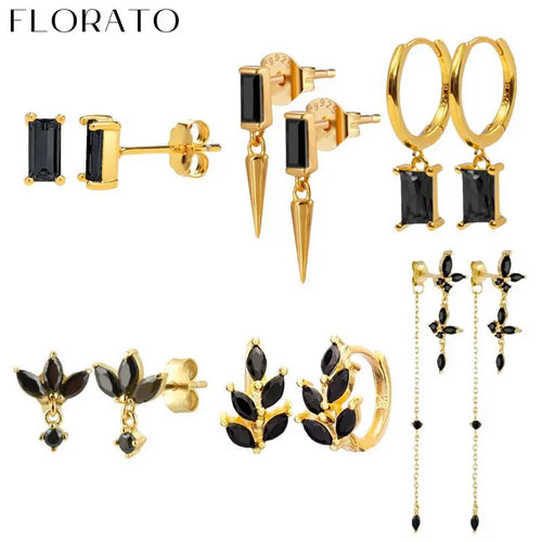 925 Sterling Silver Ear Needle Black Zircon Butterfly/Water Drop Hoop Earrings Drop Earrings For Women Fashion Wedding Jewelry