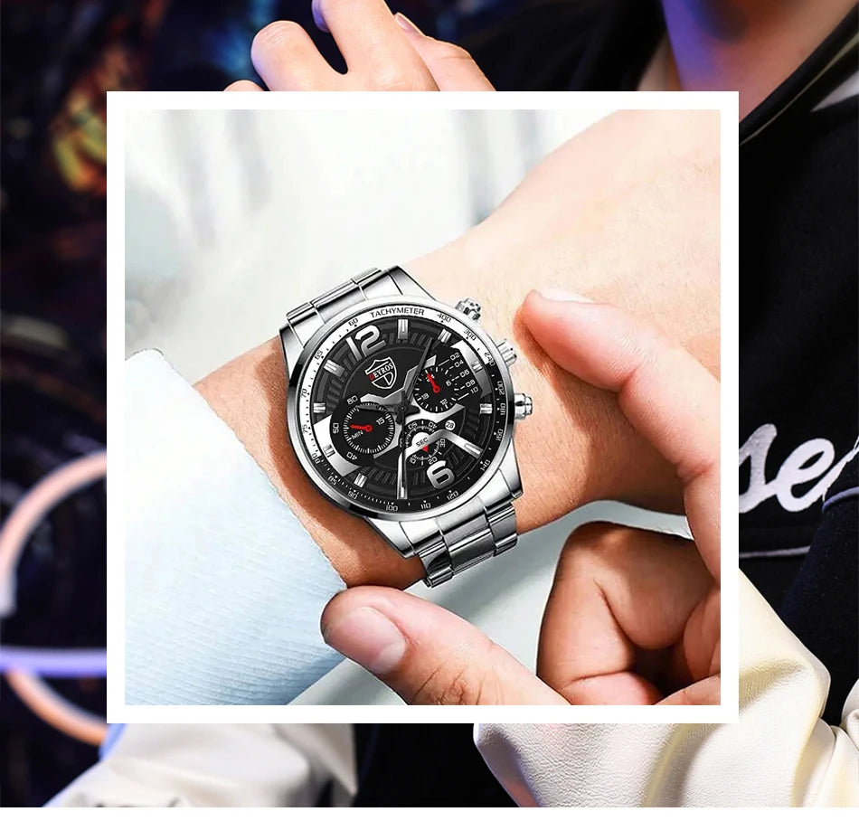 5PCS Set DEYROS Fashion Mens Calendar Watches Men Business Stainless Steel Quartz Wristwatch Male Casual Necklace Bracelet Watch