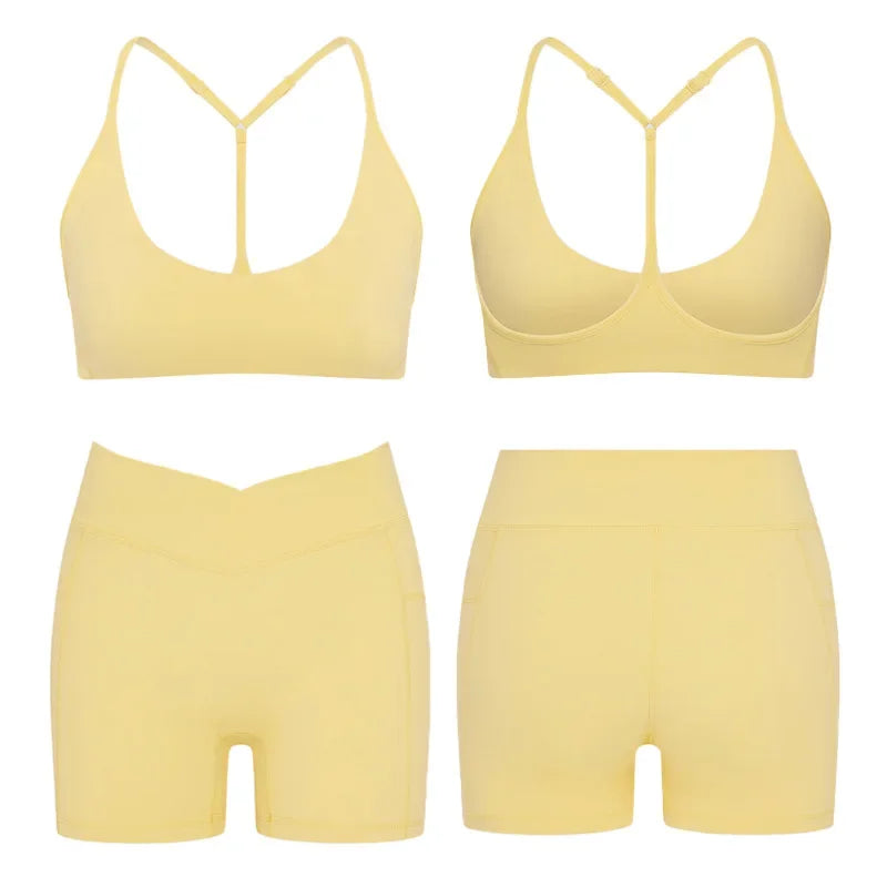 High Elasticity Cross Back Sports Bra Fitness Yoga Shorts Set Beautiful Back Design Neck Hanging Sports Underwear