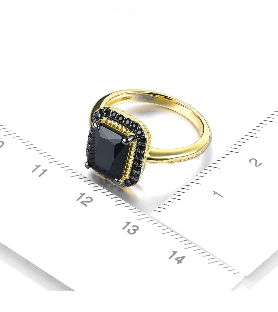 Natural Black Spinel Sterling Silver Yellow Gold Plated 2.6 Carats Genuine Gemstone Classic Design Women Luxury Style Jewelrys