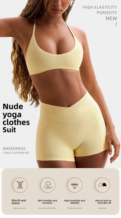 High Elasticity Cross Back Sports Bra Fitness Yoga Shorts Set Beautiful Back Design Neck Hanging Sports Underwear