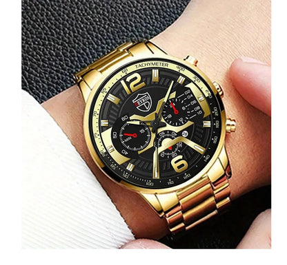 5PCS Set DEYROS Fashion Mens Calendar Watches Men Business Stainless Steel Quartz Wristwatch Male Casual Necklace Bracelet Watch