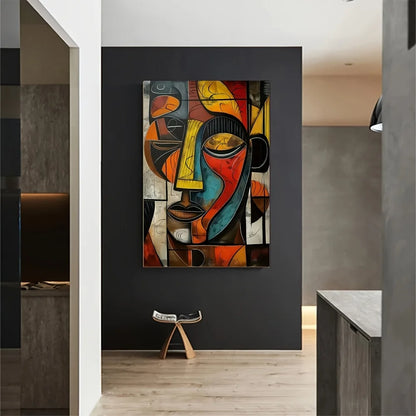 Yellow Brown Picasso Wall Art Canvas Poster, Modern Abstract African Tribal Mask Canvas Painting, Wall Art Decor for Livingroom