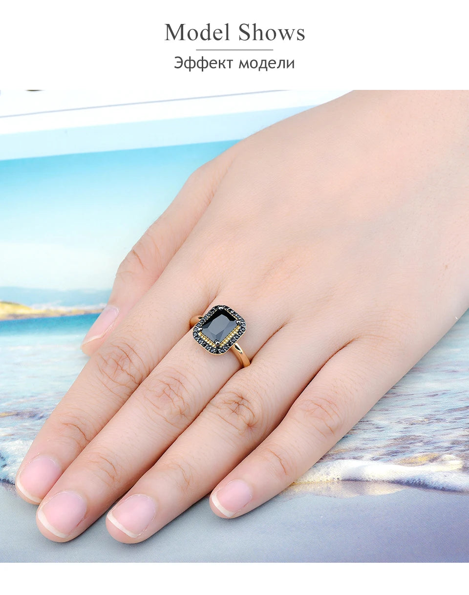 Natural Black Spinel Sterling Silver Yellow Gold Plated 2.6 Carats Genuine Gemstone Classic Design Women Luxury Style Jewelrys