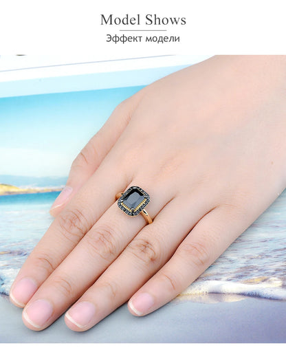 Natural Black Spinel Sterling Silver Yellow Gold Plated 2.6 Carats Genuine Gemstone Classic Design Women Luxury Style Jewelrys