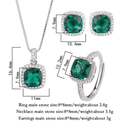 Luxury Square 8*8mm Emerald Gemstone Necklace Pendant Ring Earrings Party Fine Jewelry Set for Women Accessories Birtyday Gift