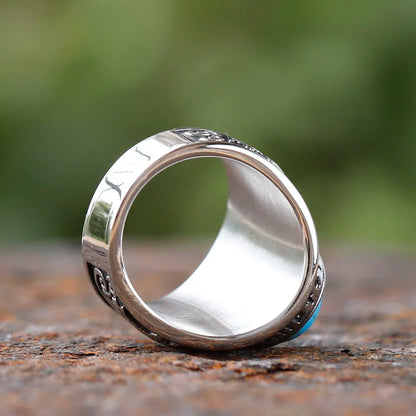 2024 New Fashion 316L Stainless Steel Viking rune and wolf Ring with green zircon Biker Cool Jewelry Wholesale Gift