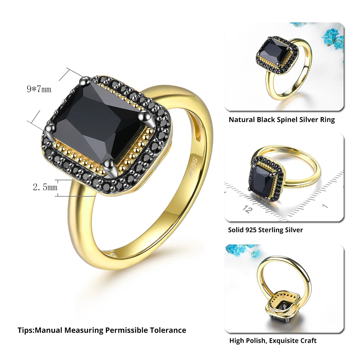 Natural Black Spinel Sterling Silver Yellow Gold Plated 2.6 Carats Genuine Gemstone Classic Design Women Luxury Style Jewelrys