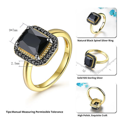 Natural Black Spinel Sterling Silver Yellow Gold Plated 2.6 Carats Genuine Gemstone Classic Design Women Luxury Style Jewelrys