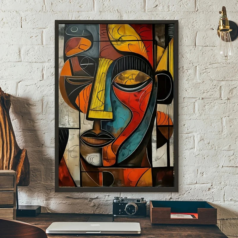 Yellow Brown Picasso Wall Art Canvas Poster, Modern Abstract African Tribal Mask Canvas Painting, Wall Art Decor for Livingroom