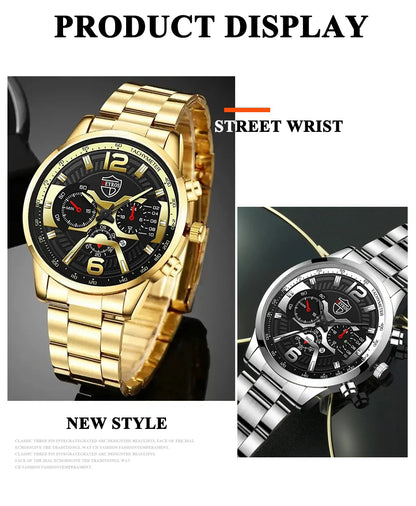 5PCS Set DEYROS Fashion Mens Calendar Watches Men Business Stainless Steel Quartz Wristwatch Male Casual Necklace Bracelet Watch