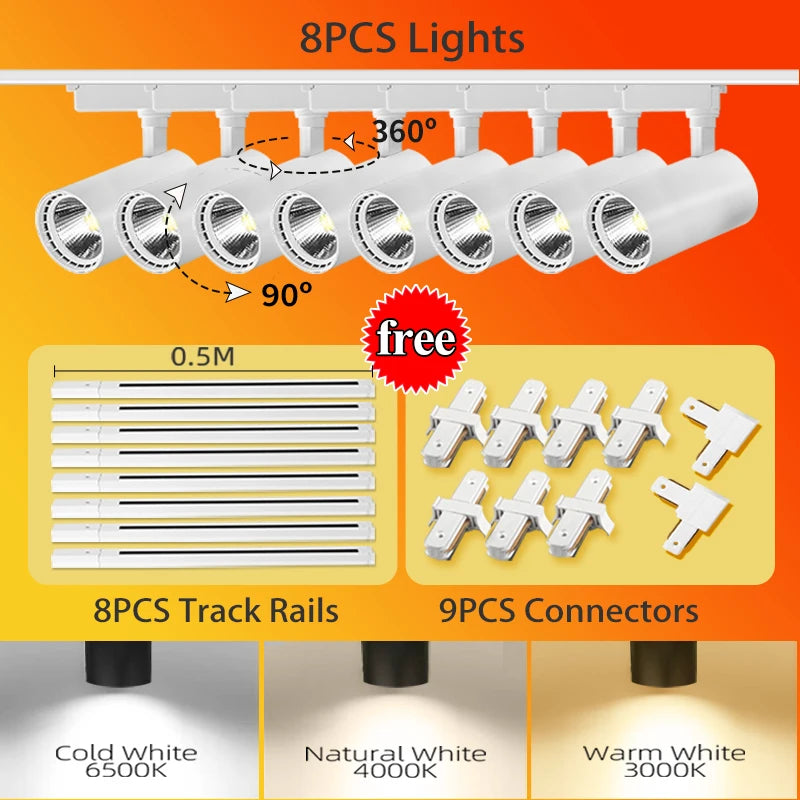 LED Track Light 220V Spotlight Rail COB Ceiling Lamp Set For Kitchen