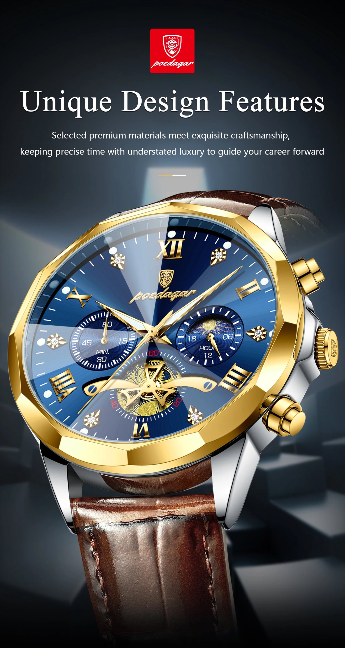 POEDAGAR Military Luxury Men Wristwatch Quartz Waterproof Luminous Chronograph Leather Man Watch Sports Men's Watches Male Reloj