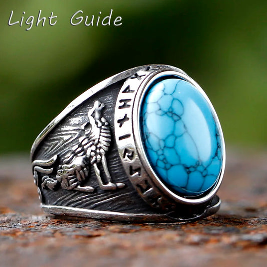 2024 New Fashion 316L Stainless Steel Viking rune and wolf Ring with green zircon Biker Cool Jewelry Wholesale Gift