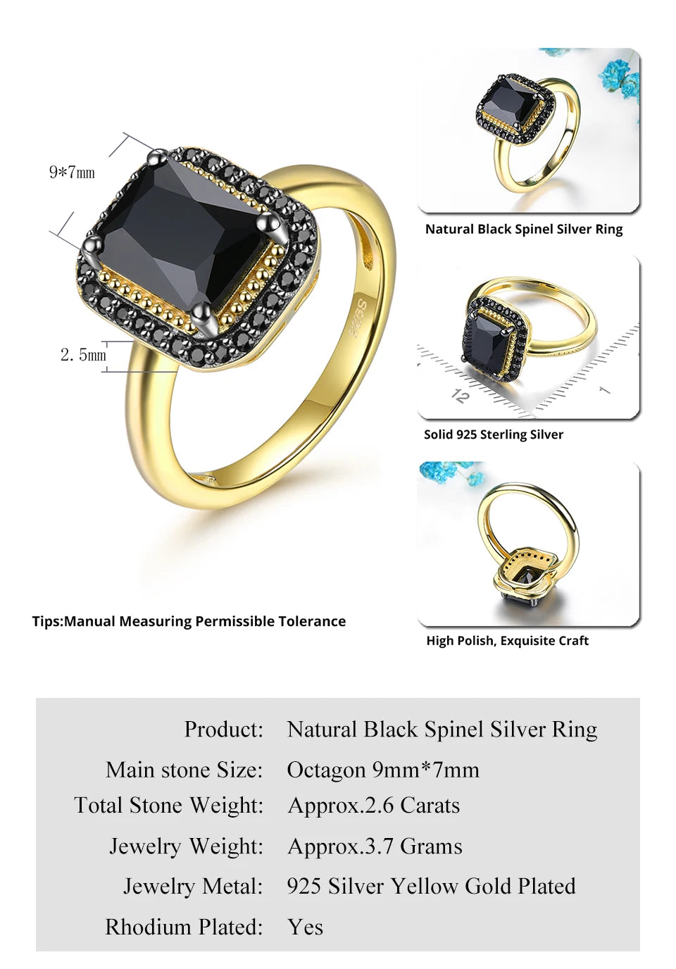 Natural Black Spinel Sterling Silver Yellow Gold Plated 2.6 Carats Genuine Gemstone Classic Design Women Luxury Style Jewelrys