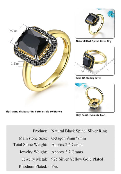 Natural Black Spinel Sterling Silver Yellow Gold Plated 2.6 Carats Genuine Gemstone Classic Design Women Luxury Style Jewelrys
