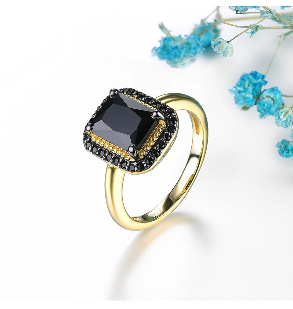 Natural Black Spinel Sterling Silver Yellow Gold Plated 2.6 Carats Genuine Gemstone Classic Design Women Luxury Style Jewelrys