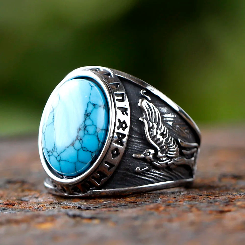 2024 New Fashion 316L Stainless Steel Viking rune and wolf Ring with green zircon Biker Cool Jewelry Wholesale Gift