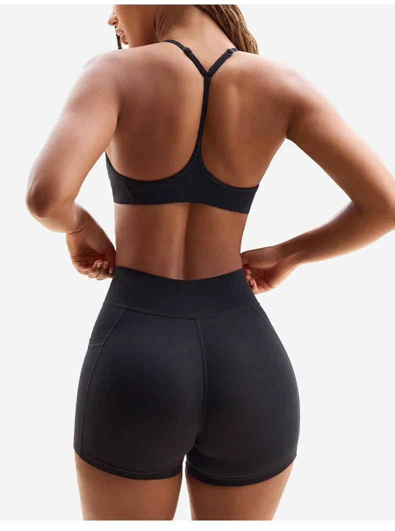 High Elasticity Cross Back Sports Bra Fitness Yoga Shorts Set Beautiful Back Design Neck Hanging Sports Underwear