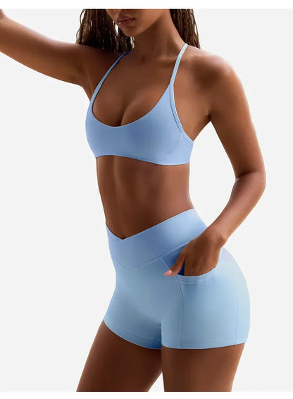 High Elasticity Cross Back Sports Bra Fitness Yoga Shorts Set Beautiful Back Design Neck Hanging Sports Underwear