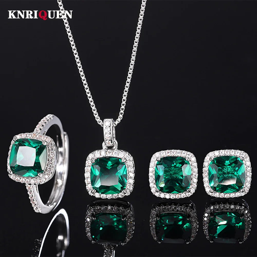 Luxury Square 8*8mm Emerald Gemstone Necklace Pendant Ring Earrings Party Fine Jewelry Set for Women Accessories Birtyday Gift