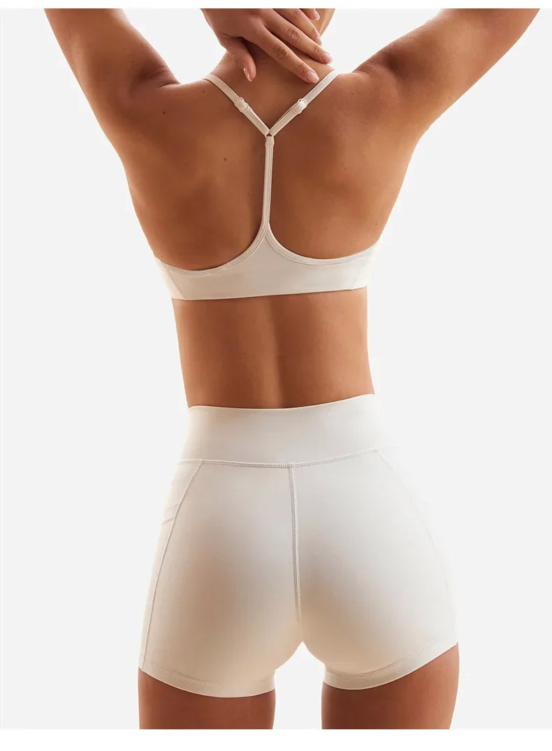 High Elasticity Cross Back Sports Bra Fitness Yoga Shorts Set Beautiful Back Design Neck Hanging Sports Underwear