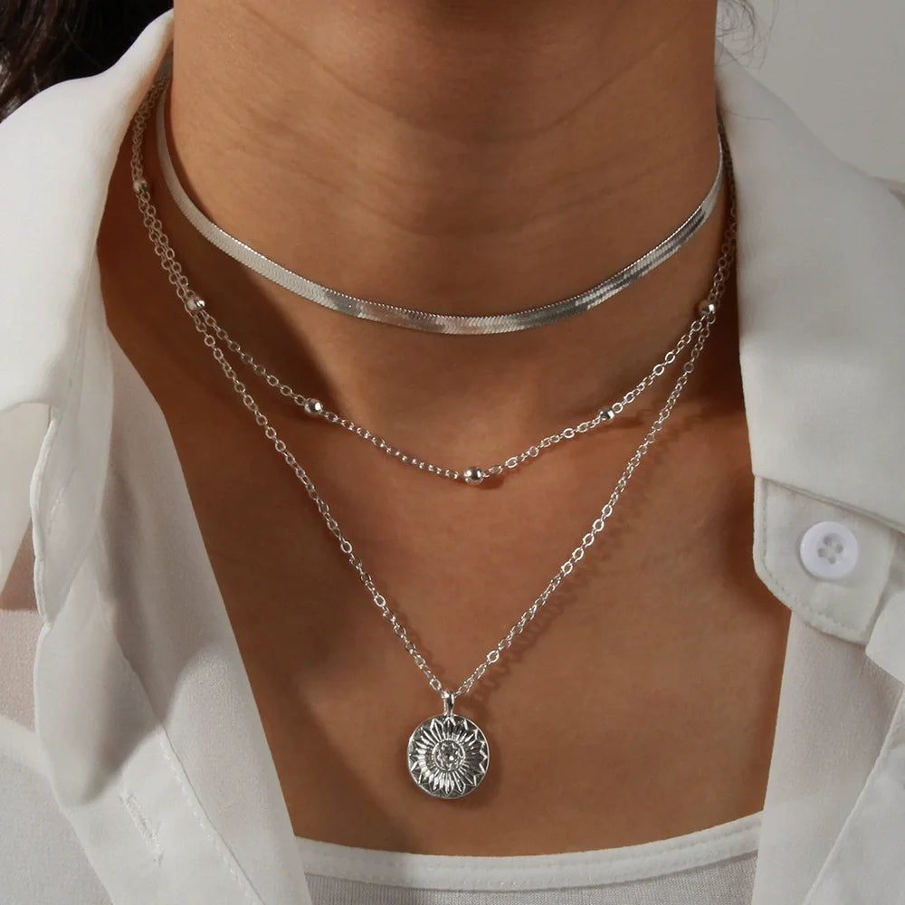 Fashion 925 Sterling Silver Necklace For Woman Gold Silver Color Three-Layer Round Pendant Necklaces Wedding Engagement Jewelry