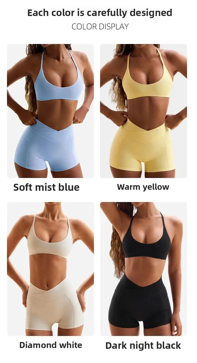 High Elasticity Cross Back Sports Bra Fitness Yoga Shorts Set Beautiful Back Design Neck Hanging Sports Underwear